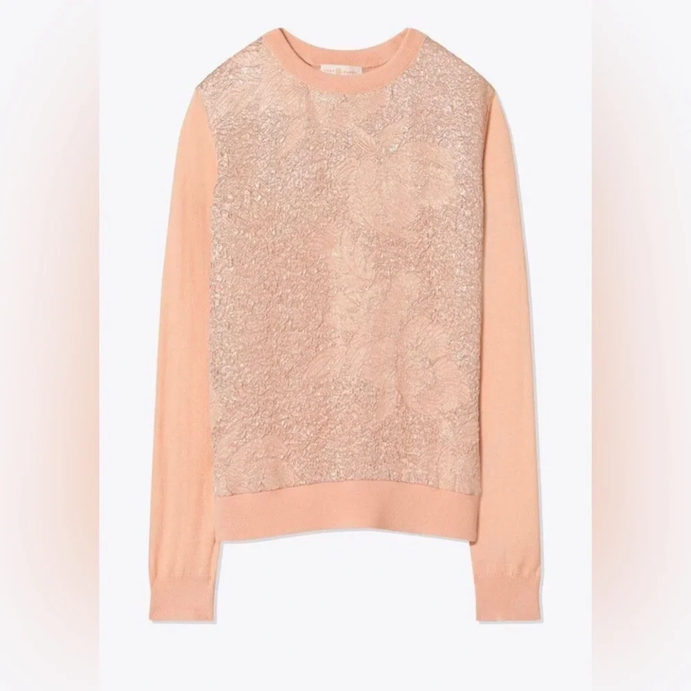 Tory Burch Peach Floral Cloque Front Crew neck Silk Wool Sweater sz Small